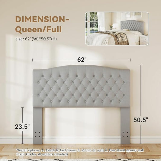 Queen Headboard Only, Velvet Classic Tufted Design, Silver Gray | 2 installation options: 1.bed frame mount 2.wall mount (for adjustable bed), Classic hand-tufted headboard king size
