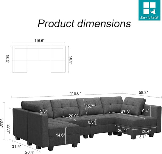 Belffin Modular U Shaped Sectional Sofa Couch with Reversible Chaises 6-seat Sectional Couch with Storage Seat Modular Sectional Set with Ottomans Dark Grey