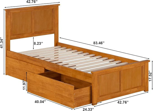 AFI, Madison Twin XL Platform Bed with Matching Footboard & Storage Drawers, Light Toffee