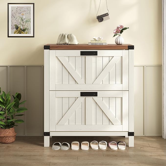 YOMILUVE Shoe Cabinet with 2 Flip Drawers, Farmhouse Shoe Storage Cabinet for Entryway, Slim Shoe Rack Freestanding Shoe Organizer with Barn Door, Brown and White
