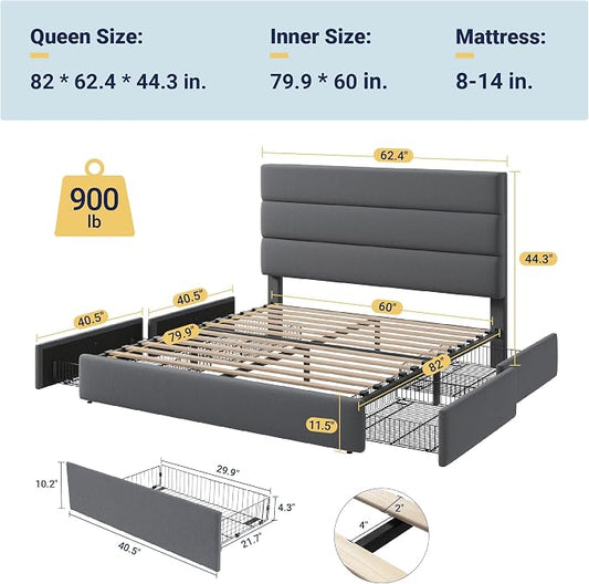 Allewie Modern Queen Size Platform Bed Frame with 4 Storage Drawers and Velvet Upholstered Headboard, Wooden Slats Support, Upholstered Mattress Foundation/No Box Spring Needed/Easy Assembly, Grey