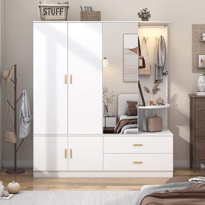 XVD Armoire Wardrobe Closet with Mirror & Sensor Light, Bedroom Armoire with 5 Doors & 2 Drawers, Modern Wooden Large Wardrobe Closet with Shelves, 4 Metal Hooks, 2 Hanging Roods, Open Space, White