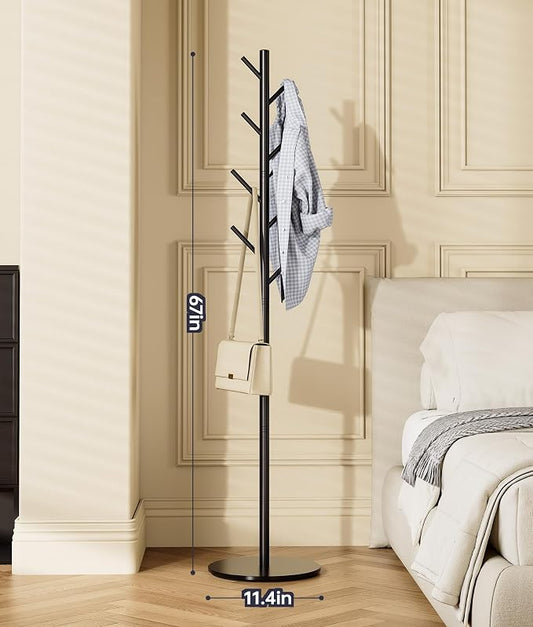 Coat Rack with 8 Hooks, 3 Adjustable Heights, Modern Hall Tree, Sturdy Metal Clothes Stand with Sintered Stone Base for Entryway, Office, Bedroom, for Coats, Hats, Handbags and Scarves, Black