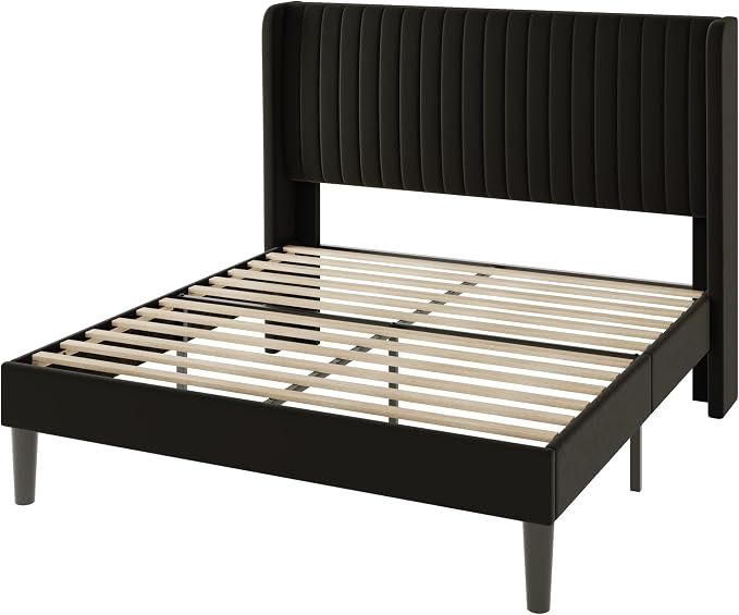 Allewie Queen Size Velvet Bed Frame/Vertical Channel Tufted Wingback Headboard/Upholstered Platform Bed/Strong Wooden Slats/No Box Spring Needed/Easy Assembly/Black
