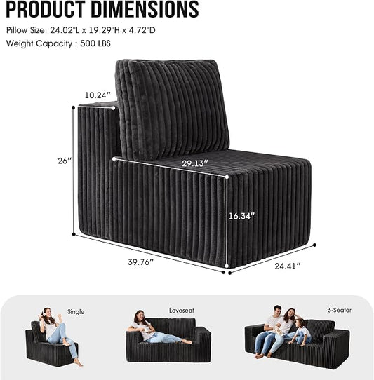 Single Sofa 1 Seat Couch with Deep Seat Memory Foam Cloud Chair with Pillows Large Sofa with L Shape for Living Room Bedroom (Strip Grey, Single)