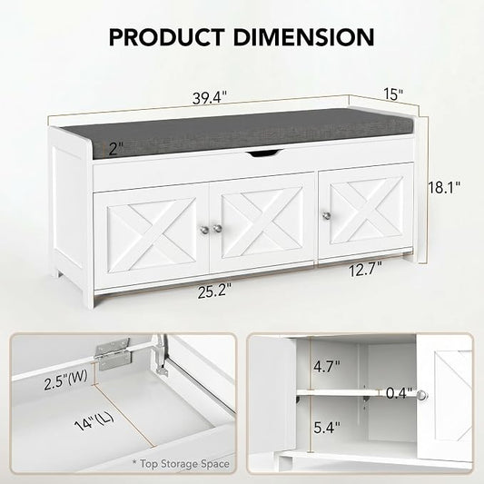 Marsail Shoe Storage Bench with Seating, Farmhouse Entryway Bench with Shoe Storage and Cushion, Under Window Benches Wooden Ottoman for Bedroom, Entry Way, Living Room, White