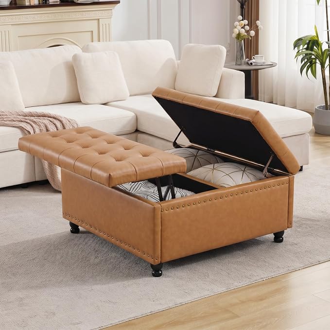 Tbfit Large Square Storage Ottoman Bench, Tufted Upholstered Coffee Table Ottoman with Lift Top & Wooden Legs, Oversized Storage Ottomans Toy Box for Living Room (Camel PU)