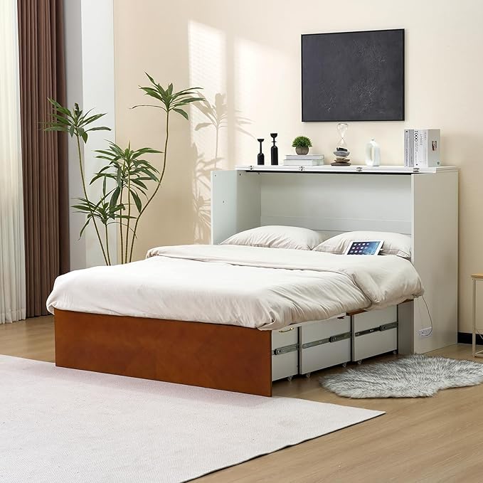 VINGLI Full Murphy Bed with Storage Drawer,2 Charging Station,Rustic & Scandinavian Style Foldable Bed Cabinet,Hideaway Paltform Panel Bed for Small Room,Guest Room,Office,Apartment,Golden Brown