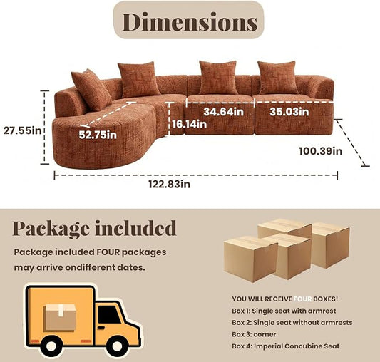 123" Curved Modular Sectional Sofa for Living Room, Oversized Chenille Cloud Couch, L-Shaped Boneless Sofa with Chaise Lounge, Compressed Couch Deep Seat, No Assembly (Rust, L-Shape Left Chaise)