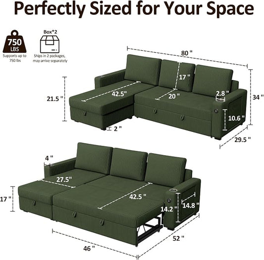 Ball & Cast 80" Sectional Sleeper Sofa Bed Pull Out Couches for Living Room | L Shaped Convertible Pull Out Sofa Bed with Storage Chaise, Foldable Table, USB Port, Cup Holder, Side Pocket for Small Space