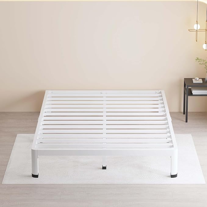 MAF 10 Inch Full Size Bed Frame White with Round Corner Legs Mattress Slide Stopper No Box Spring Needed Heavy Duty Metal Platform Bed Frames Under-Bed Storage Space, 3000 LBS Steel Slats Support