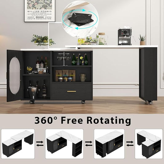 HSH Kitchen Island with Storage, Mobile Kitchen Island Cart with Cabinet, Drawer & Shelves, Farmhouse Island Table on Wheels with White Faux Marble Top and Black Oak Base for Dining Room & Home Bar