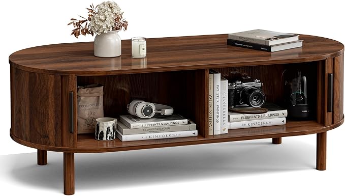 ZttRiee Oval Coffee Table with Sliding Doors, Mid-Century, Walnut | 47.24"L x 21.65"W x 16.14"H, 200 lbs capacity, 2 front & back storage areas, ~60 min assembly