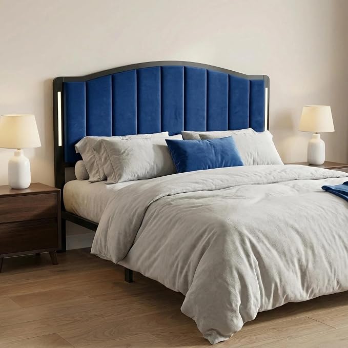 Headboard for King Size Bed with LED Lights, Upholstered Vertical Channel Tufting Head Boards, Velvet Headboard Only, Study & Comfortable, Ideal for Bedroom, Dorm, Guest Room, Blue