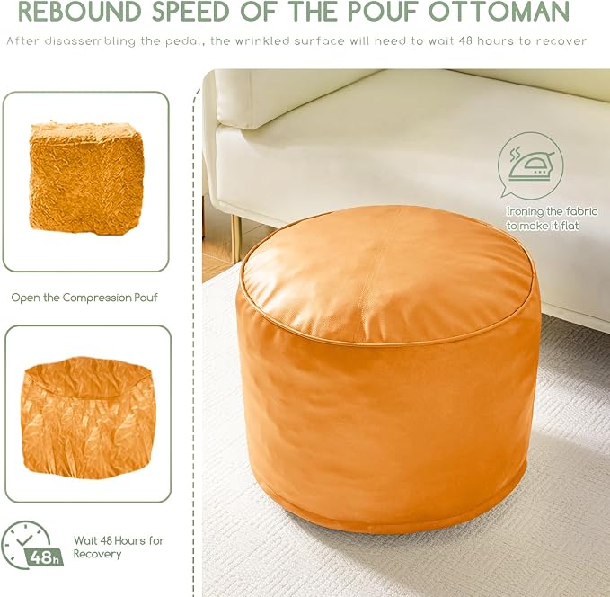 HIGOGOGO Round Stuffed Pouf Ottoman, Pu Leather Poufs with Foam Chunk Filling, Furry and Fluffy Pouf Foot Stool Storage Ottoman, 26 X 18 Floor Poufs Foot Rest for Living Room, Orange