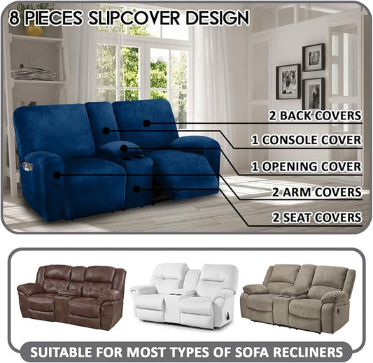 ULTICOR Reclining Love Seat with Middle Console Slipcover, 8-Piece Velvet Stretch Loveseat Reclining Sofa Covers, 2 seat Loveseat Recliner Cover, Thick, Soft, Washable, Loveseat Slipcovers (Navy)
