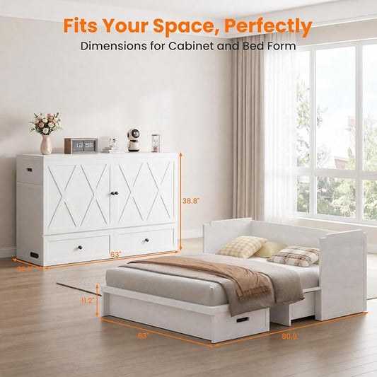 CECER Murphy Bed Queen with Mattress Included for Guest/Small Space-White | Built-in Multi-Port Charging Station & Large Storage Drawer,Space Saving & Easy Assemble and Conversion