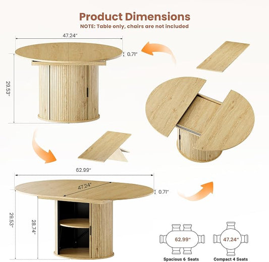 47''-63'' Extendable Round Dining Table for 4-6, Round Dining Room Table with Hidden Storage, Modern Wooden Kitchen Table with Fluted Sliding Door Cabinet for Dining Room Kitchen, Nature
