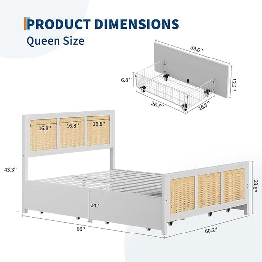 IDEALHOUSE Rattan Bed Frame with Storage Drawers, Boho Queen Led Bed Frame with Strong Metal Slats Support, No Box Spring Needed, Noise-Free Design, White
