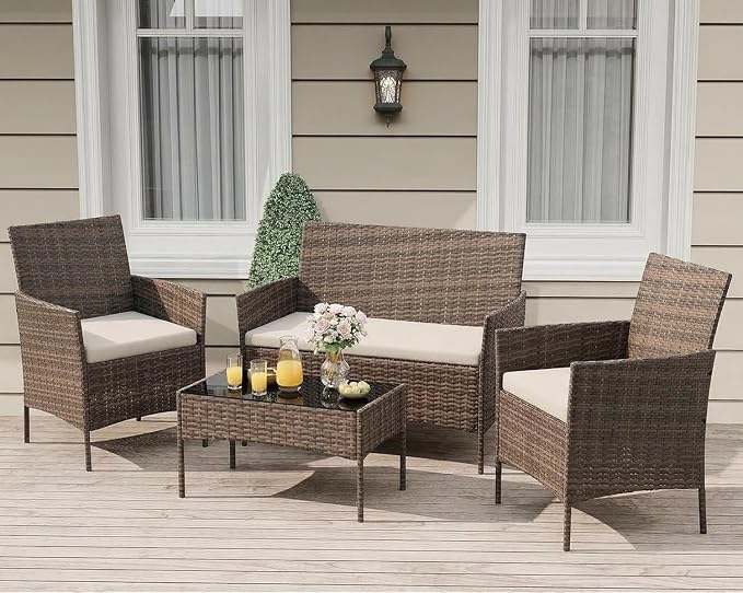 4 Piece Outdoor Patio Furniture Set, All-Weather Gray Wicker Rattan Conversation Set with Cushions, Loveseat, Chairs & Coffee Table for Porch, Backyard & Balcony