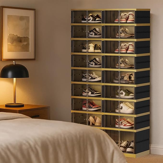 SYNCVIBE Shoe Rack Organizer for Closet Entryway Foldable Sneaker Storage Shoe, Collapsible Shoe Cabinet, Stackable Shoe Storage Cabinet with Lids for Living Room (9 Tiers -36 Pairs Black Gold)
