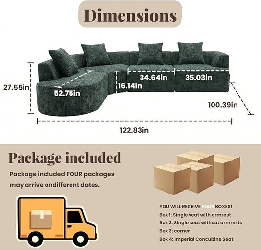 123" Curved Modular Sectional Sofa for Living Room, Oversized Chenille Cloud Couch, L-Shaped Boneless Sofa with Chaise Lounge, Compressed Couch Deep Seat, No Assembly (Green, L-Shape Left Chaise)