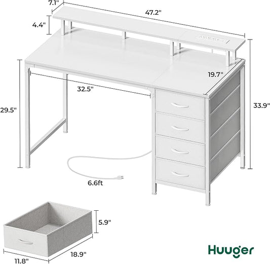 Huuger 47 Inch Computer Desk with Power Outlets and LED Lights, Gaming Desk with 4 Drawers, Office Desk with Monitor Stand, Study Work Home Office, Small Spaces, White