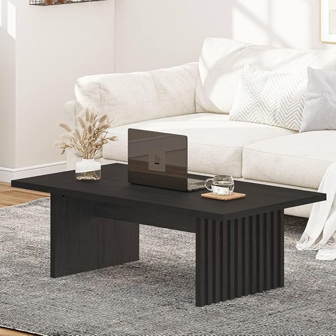 BON AUGURE Coffee Tables for Living Room, 47 Inch Modern Living Room Table, Rectangular Coffee Table with Spacious Tabletop, Slatted Panel Center Tables Centerpiece, Black Oak