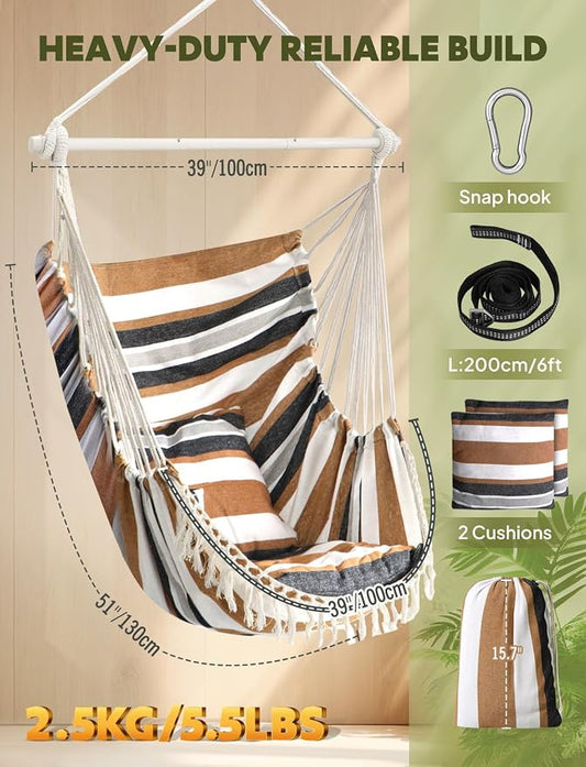 Chihee Hammock Chair Hanging Swing Max 500 Lbs 2 Cushions Included Metal Spreader Bar with Anti-Slip Grooves Portable Hanging Chair Side Pocket Large Macrame Bohemian Chair Indoor Outdoor