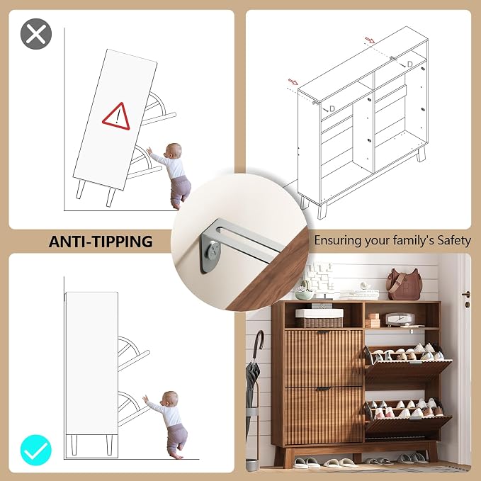 Shoe Cabinet Storage for Entryway with 4 Flip Drawers, Fluted Narrow Shoe Organizer with Wooden Legs & Top Cubby, Freestanding Slim Shoe Storage Hidden Shoe Rack for Front Door Entrance, Walnut