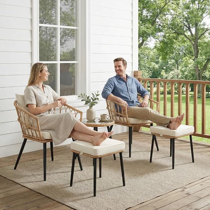 5 Piece Patio Furniture Set, Outdoor Wicker Small Conversation Bistro Set, All-Weather PE Rattan Chairs with Ottoman & Coffee Table, Ideal for Balcony Porch Deck Yard Poolside
