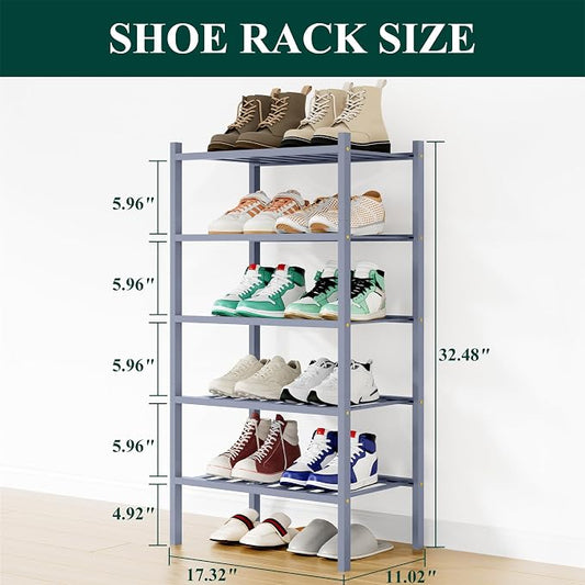 Smiry Small Bamboo Shoe Rack, 5 Tier Free Standing Wooden Shoe Organizer, Stackable Wood Shoe Storage Shelf for Closet, Entryway, 12 Vertical Slats, 2+2+1 Stack Standard Legs, 17.3"x11"x32.5", Grey