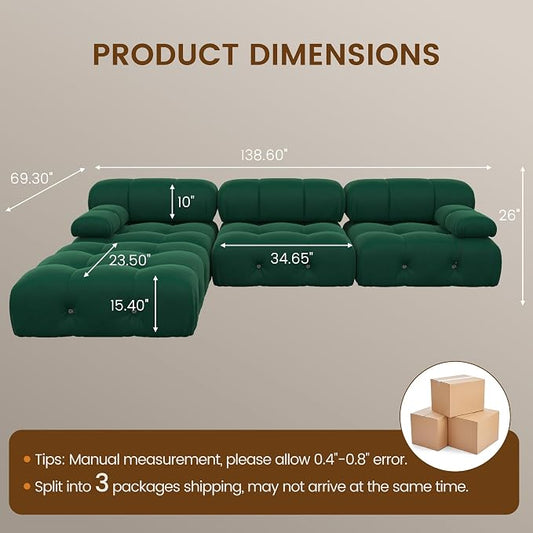 104" Convertible Modular Sectional Sofa, L-Shaped Velvet Sectional Couch with Chaise Ottoman, Minimalist Modern Sofas for Living Room Bedroom Office Apartment (Green)
