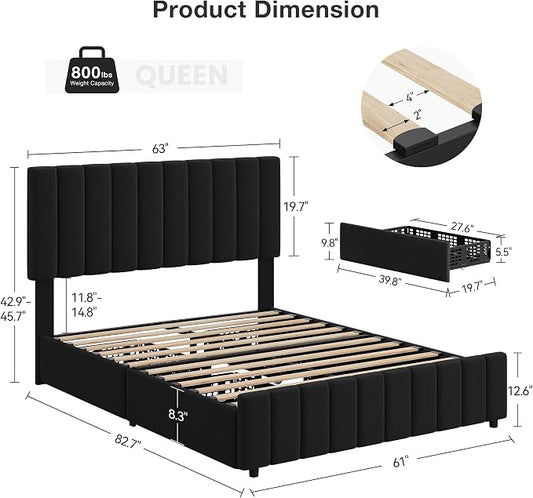 IDEALHOUSE Queen Upholstered Bed Frame with 4 Storage Drawers, Adjustable Headboard and Wooden Slats Support, No Box Spring Needed, Black