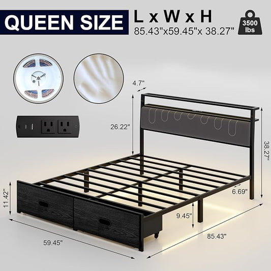 Queen Bed Frame with 2 Drawers, Platform Bed Frame with LED Lights and Charging Station, Upholstered Headboard, Heavy Duty Metal Slats, No Box Spring Needed, Noise Free, Easy Assembly