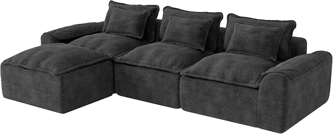 Hobestluk 120" Cloud Modular Sectional Couch 3-Seater Sofa with Ottoman L Shaped Sofa with Removable Cover Large Sofa Couch for Living Room (Dark Grey, 3-Seater Sofa with One Ottoman)