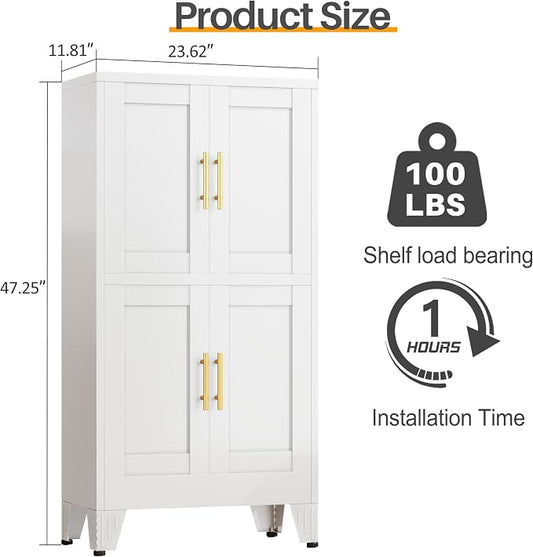 47” White Metal Bathroom Storage Cabinet, Kitchen Pantry Cabinet | Steel Storage Cabinet with Doors and 3 Adjustable Shelves, Bathroom cabinets Organizer, for Home Office, Bedroom