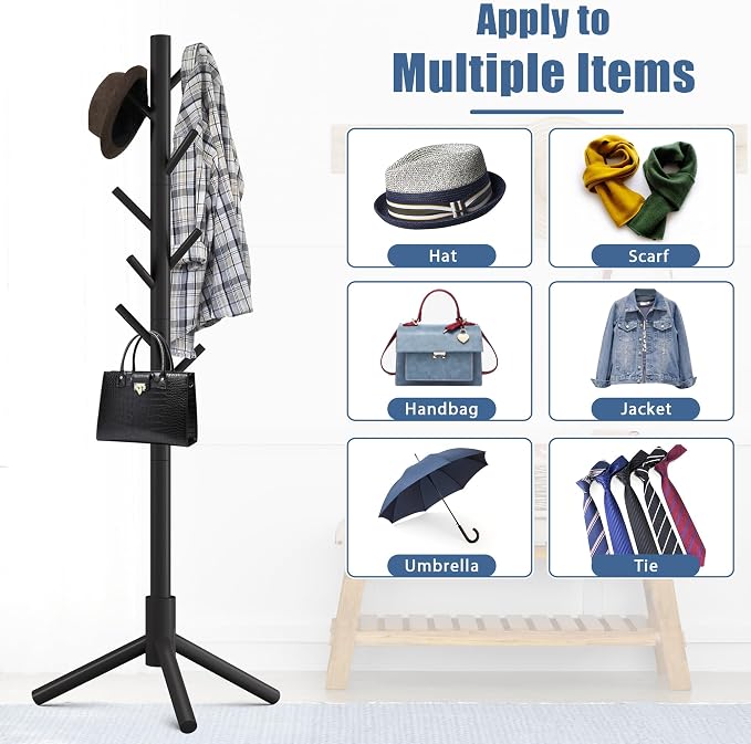 Haddockway Wooden Coat Rack Stand with 8 Hooks New Zealand Pine 3 Adjustable Coat Standing Tree Easy Assembly for Coats, Hats, Scarves and Handbags for Entryway, Hallway, Bedroom, Office