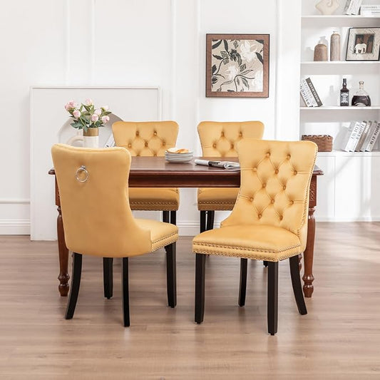 Hixkol Velvet Dining Chairs Set of 4,Upholstered Dining Chairs with Ring Pull Trim and Button Back,Modern Seating for Kitchen, Bedroom & Living Room(Gold)