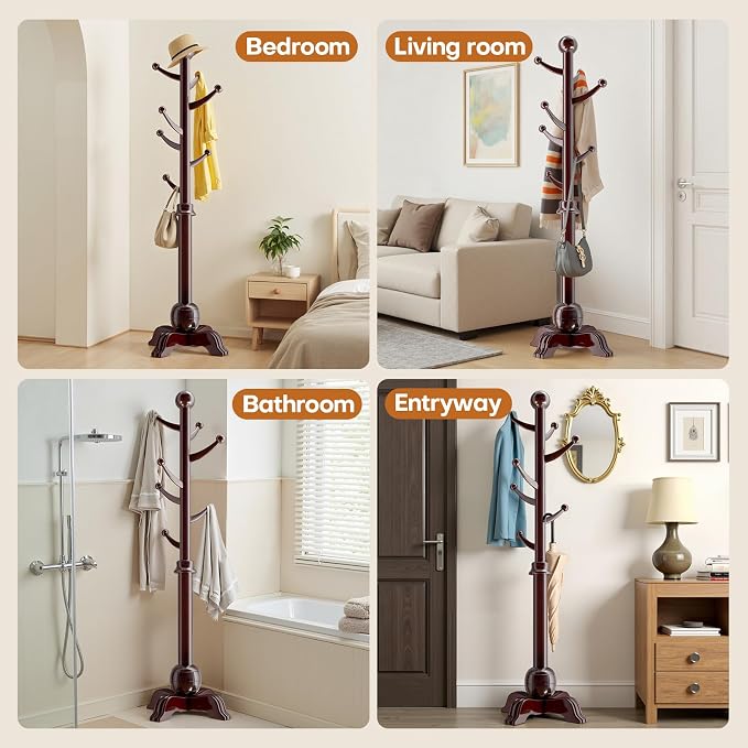 Hall Tree, Freestanding Wood Tree Rack with 7 Hooks, Coat Rack with Stable Sphere Base, Wooden Coat Rack Stand, Load 210 lb, Coat Hanger Stand for Entryway, Hallway, Bedroom (Black-Red)