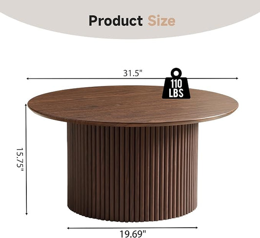 31.5" Round Coffee Table, Modern Fluted Accent Center Table with Metal Frame, Wooden Circle Coffee Tables for Living Room Small Space or Office (Walnut)