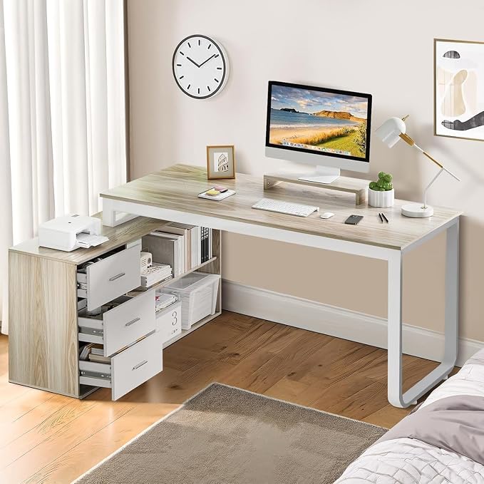 MaverickFurni 55" L Shaped Desk with Drawers and Shelves, Home Office Desk with Monitor Stand for Work Writing Study, Reversible Corner Desk with Storage, White and Walnut