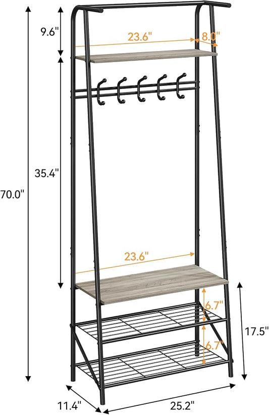IDEALHOUSE Coat Rack Shoe Bench with 5 Hooks, Hall Trees Entryway Bench with Storage, Wood Look Accent Furniture with Metal Frame for Entryway, Living Room, Bedroom