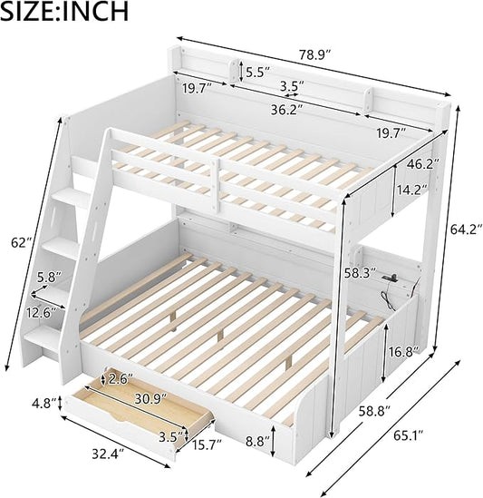 Wood Bunk Bed Twin Over Full Size with Built-in Storage Shelves and Charging Station, Versatile Bunk Bed Frame with Ladder and Guardrail for Kids Teens Adult, Maximize Space (White-5.6)