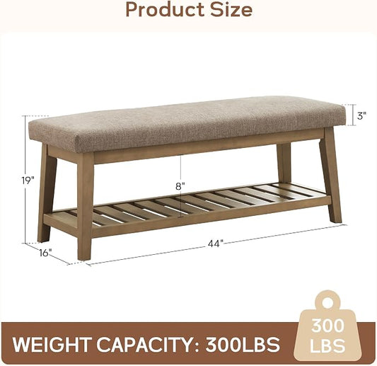 Zihanhome Entryway Shoe Bench with Cushion, End of Bed Bench,Upholstered Bench for Kitchen, Bench with Solid Wood Shelf, Fabric Ottoman Bench for Hallway, Living Room (Brown)