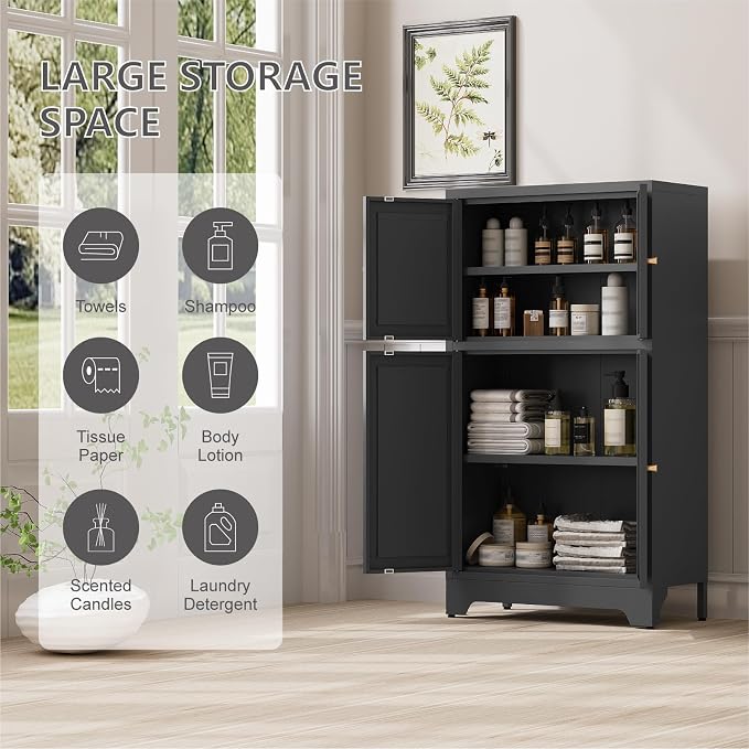 Metal Bathroom Storage Cabinet, Freestanding Pantry Floor Cabinet with 4 Doors and 2 Adjustable Shelves for Living Room, Dining Room, Kitchen