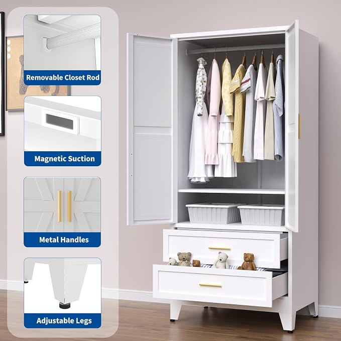 71" Heavy Duty Steel Armoire Wardrobe Closet - Metal Clothing Storage Cabinet with 2 Doors, 1 Drawer, Hanging Rod & Adjustable Shelves, Black for Bedroom, Gym, Laundry Room
