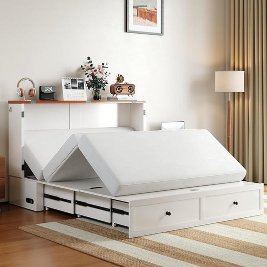 BALUS Full Size Murphy Bed with Mattress Included, 57'' W Murphy Bed Full with USB Charging Station & 2 Storage Drawers, Murphy Cabinet Beds for Living Room, Apartment, Home Office, Bedroom-White