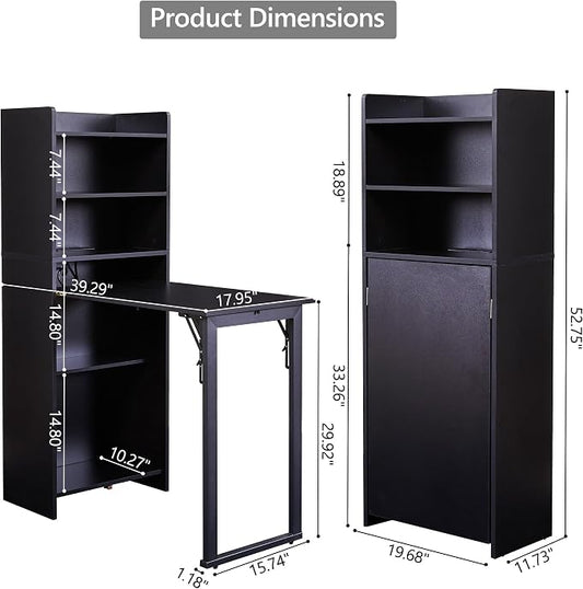 Foldable Desk with Storage,Hidden Desk with Built-in Socket,Fold Out Writing Table for Small Spaces,Home Office and Bedroom (Black)