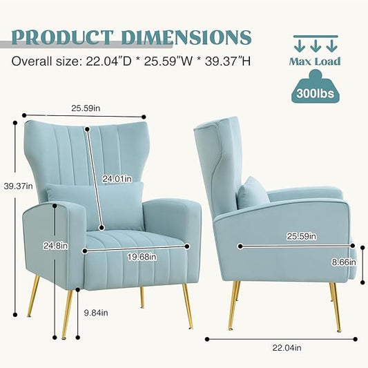Modern Accent Chair Upholstered Living Room Chair,High Back Arm Chair with Metal Legs Lumbar Reading Chair for Bedroom, Apartment, Small Spaces Sky Blue